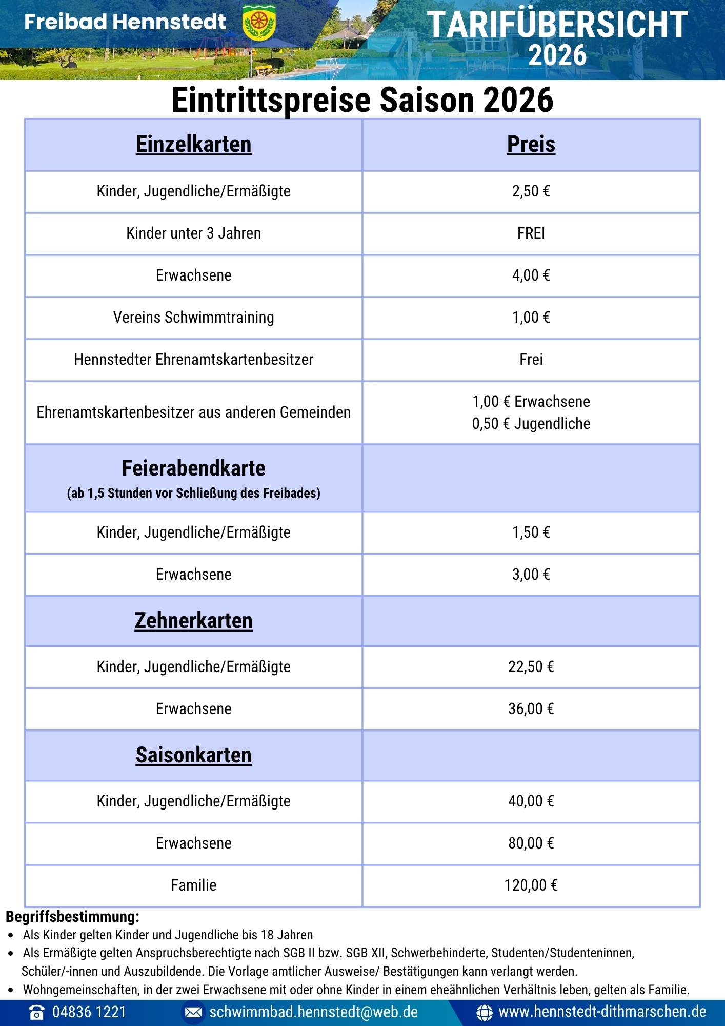 Eintrittspreise für das Hennstedter Freibad.